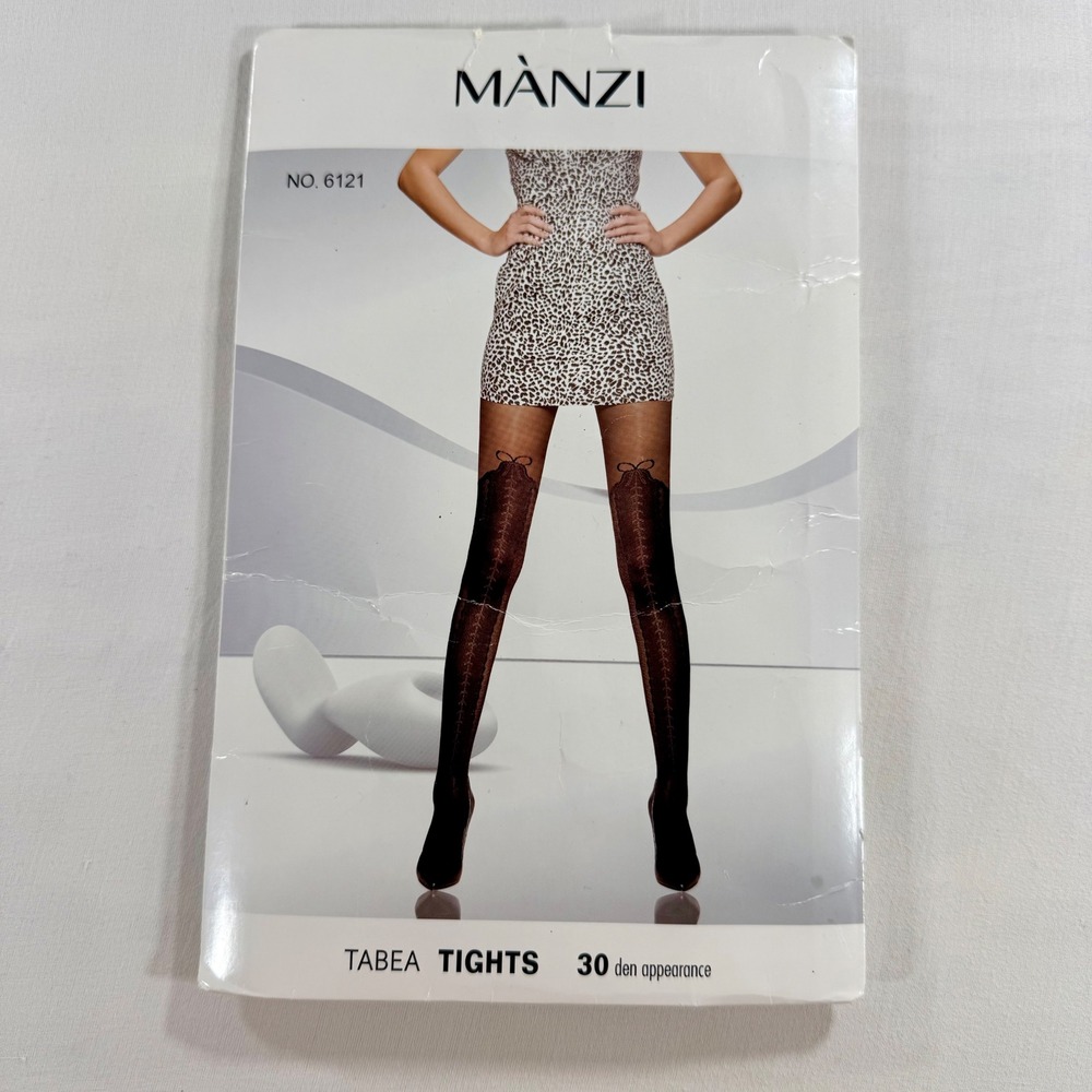 Manzi Tabea Tights 6121 Black Mock Stocking Illusion Lace Up Bow 30 Denier L/XL